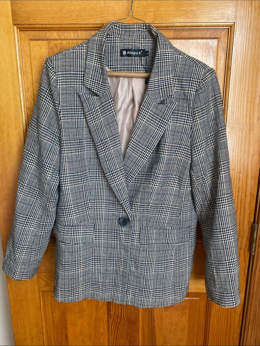 Allegra K Black and White Glen Plaid Single-Button Blazer